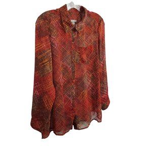 J Jill Size M Petite Blouse Semi Sheer Long Sleeve Button Front Shirt Red Orange